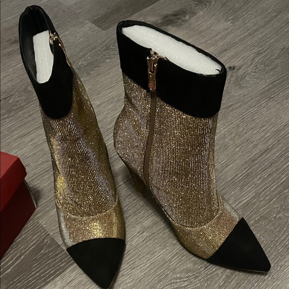 Women’s Elegant Gold Glitter and Black Faux Velvet Ankle Boots - Picture 1 of 6